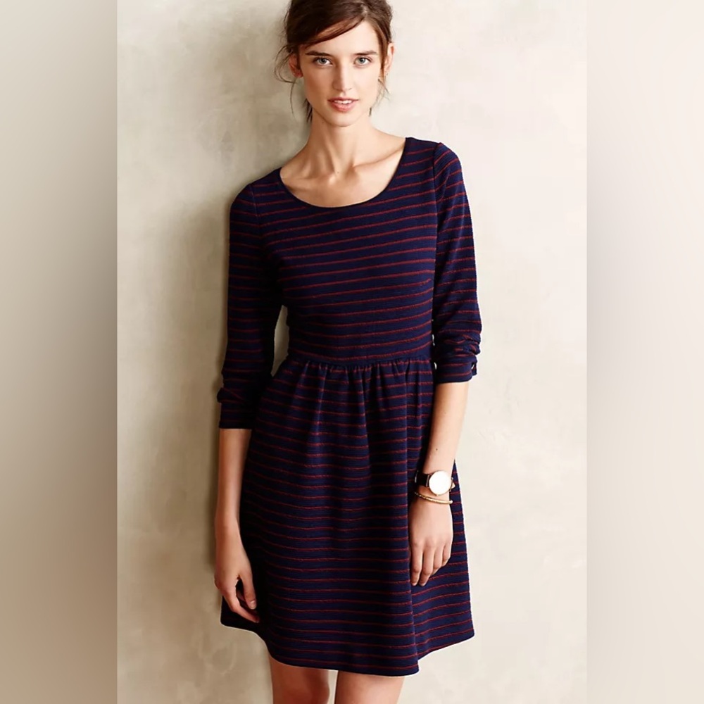 Maeve Sz 14 Brenna Dress striped Burgundy Navy Blue textured pleats fit flare